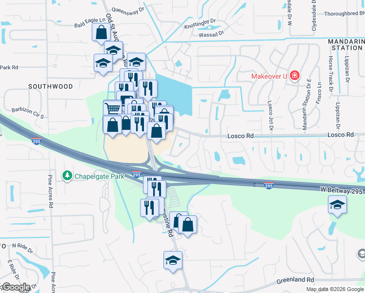 map of restaurants, bars, coffee shops, grocery stores, and more near 11253 Windtree Drive East in Jacksonville