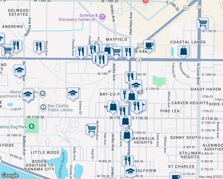 map of restaurants, bars, coffee shops, grocery stores, and more near 1230 Oak Avenue in Panama City