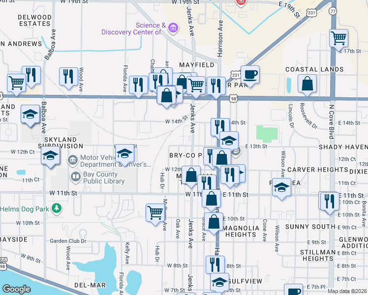 map of restaurants, bars, coffee shops, grocery stores, and more near 1230 Oak Avenue in Panama City