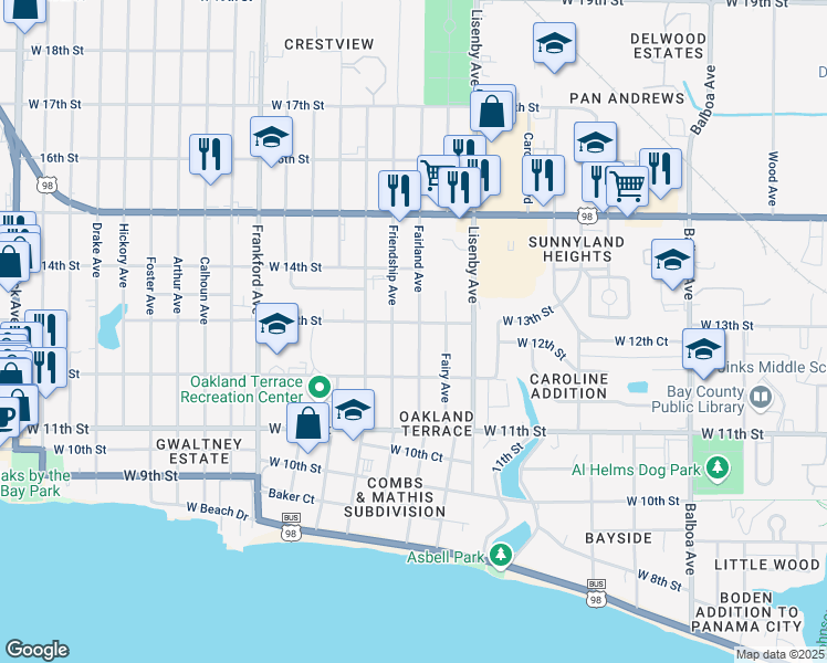 map of restaurants, bars, coffee shops, grocery stores, and more near 1211 Fairland Avenue in Panama City