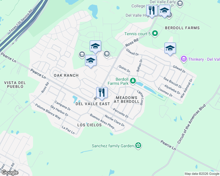 map of restaurants, bars, coffee shops, grocery stores, and more near 5616 Malarkey Road in Del Valle
