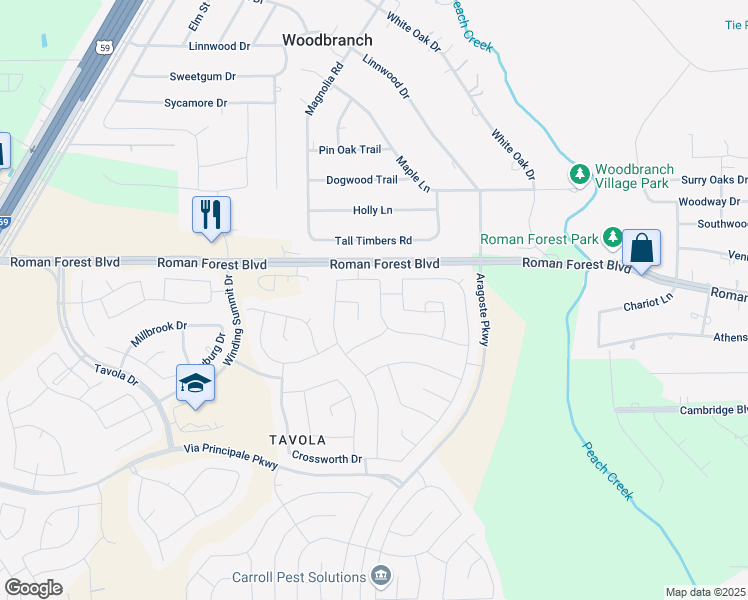 map of restaurants, bars, coffee shops, grocery stores, and more near 18824 Palmetto Hills Drive in Roman Forest