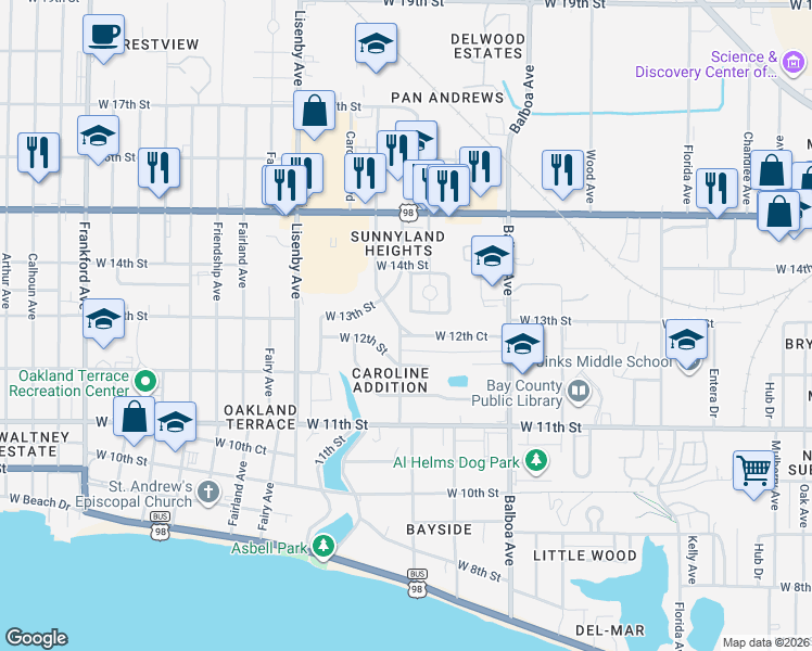 map of restaurants, bars, coffee shops, grocery stores, and more near 1205 Buena Vista Boulevard in Panama City