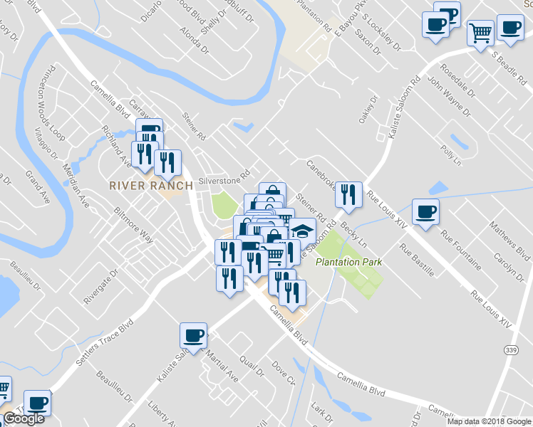 map of restaurants, bars, coffee shops, grocery stores, and more near 100 Settlers Trace Boulevard in Lafayette