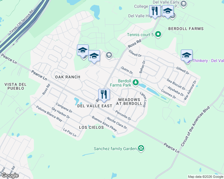 map of restaurants, bars, coffee shops, grocery stores, and more near 5616 Malarkey Road in Del Valle