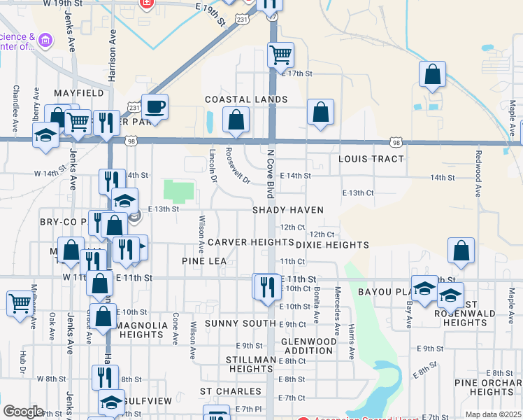 map of restaurants, bars, coffee shops, grocery stores, and more near 625 East 13th Street in Panama City