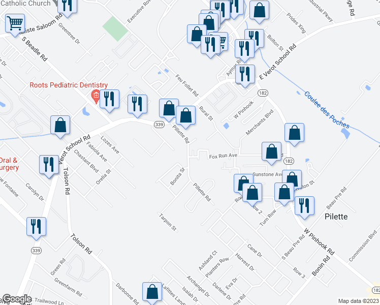 map of restaurants, bars, coffee shops, grocery stores, and more near 304 Pillette Road in Lafayette