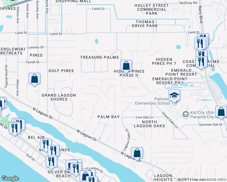 map of restaurants, bars, coffee shops, grocery stores, and more near 157 Palm Grove Boulevard in Panama City Beach