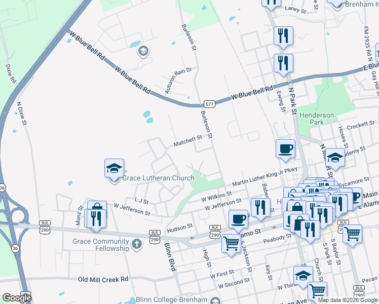 map of restaurants, bars, coffee shops, grocery stores, and more near 809 Pleasant View Avenue in Brenham