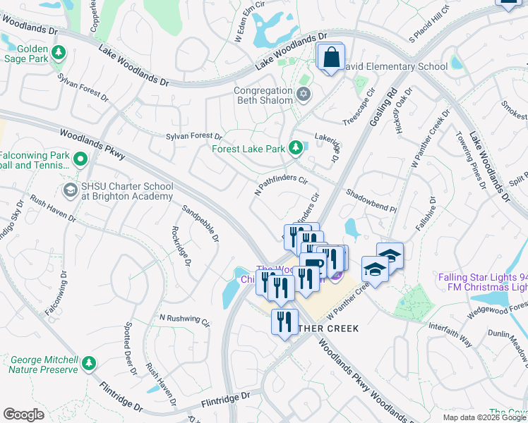 map of restaurants, bars, coffee shops, grocery stores, and more near 34 Duskymeadow Place in The Woodlands