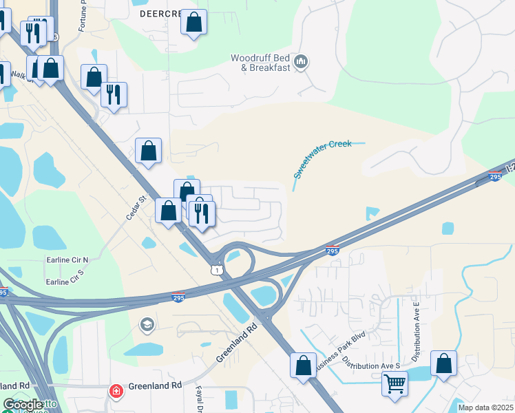 map of restaurants, bars, coffee shops, grocery stores, and more near 7635 Sunwood Drive in Jacksonville
