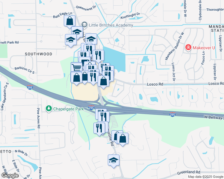 map of restaurants, bars, coffee shops, grocery stores, and more near 11262 Shady Glen Drive in Jacksonville