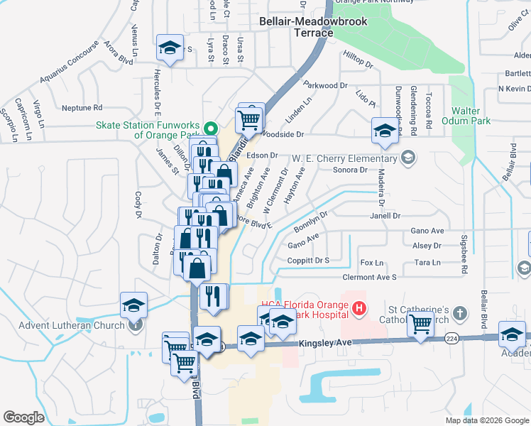 map of restaurants, bars, coffee shops, grocery stores, and more near 531 Clermont Drive West in Orange Park