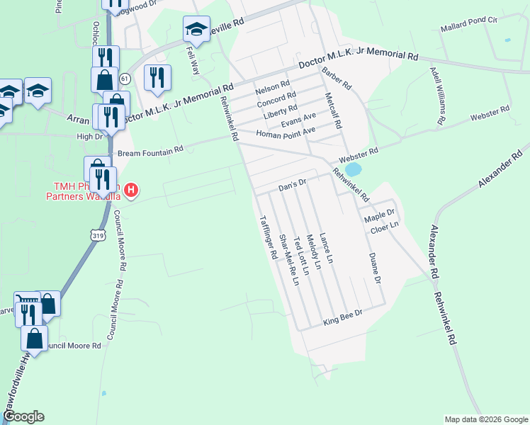 map of restaurants, bars, coffee shops, grocery stores, and more near 100 Tafflinger Road in Crawfordville