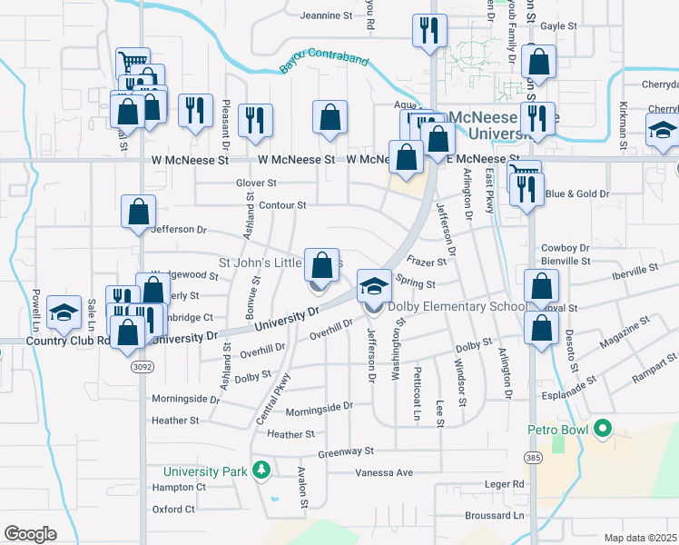 map of restaurants, bars, coffee shops, grocery stores, and more near 1001 Jefferson Drive in Lake Charles