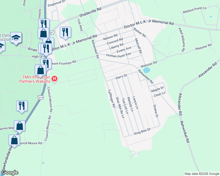 map of restaurants, bars, coffee shops, grocery stores, and more near 91 Tafflinger Road in Crawfordville
