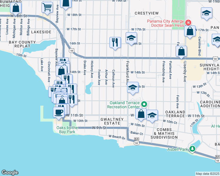 map of restaurants, bars, coffee shops, grocery stores, and more near 2307 West 13th Street in Panama City