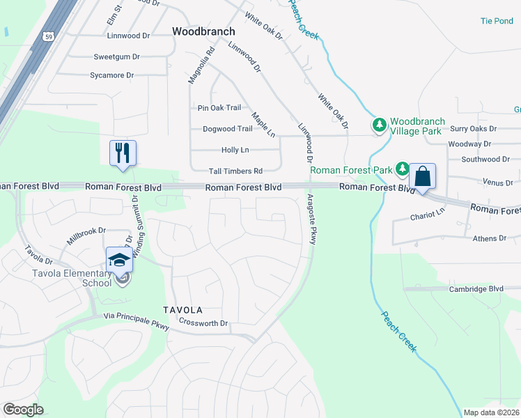 map of restaurants, bars, coffee shops, grocery stores, and more near 18933 Collina Way in New Caney