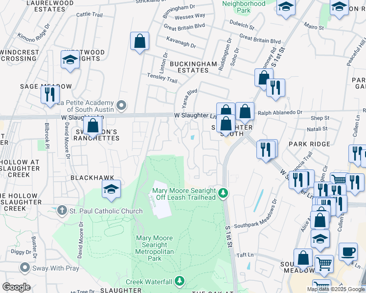 map of restaurants, bars, coffee shops, grocery stores, and more near 811 West Slaughter Lane in Austin