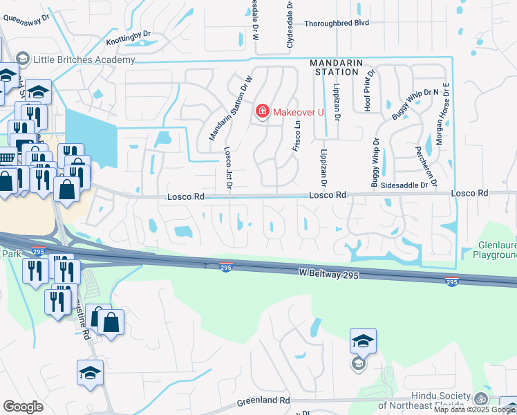 map of restaurants, bars, coffee shops, grocery stores, and more near 11168 Cloverhill Circle West in Jacksonville