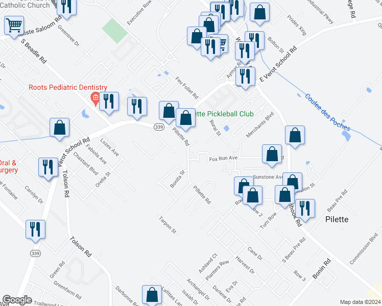 map of restaurants, bars, coffee shops, grocery stores, and more near 200 Pillette Road in Lafayette