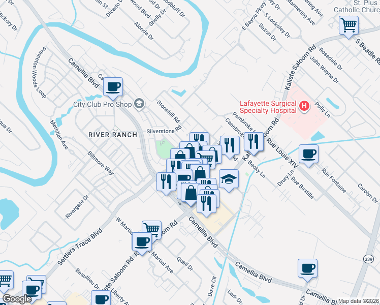 map of restaurants, bars, coffee shops, grocery stores, and more near 101 Woodsboro Drive in Lafayette