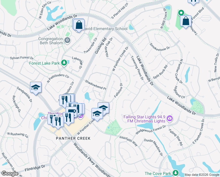 map of restaurants, bars, coffee shops, grocery stores, and more near in The Woodlands