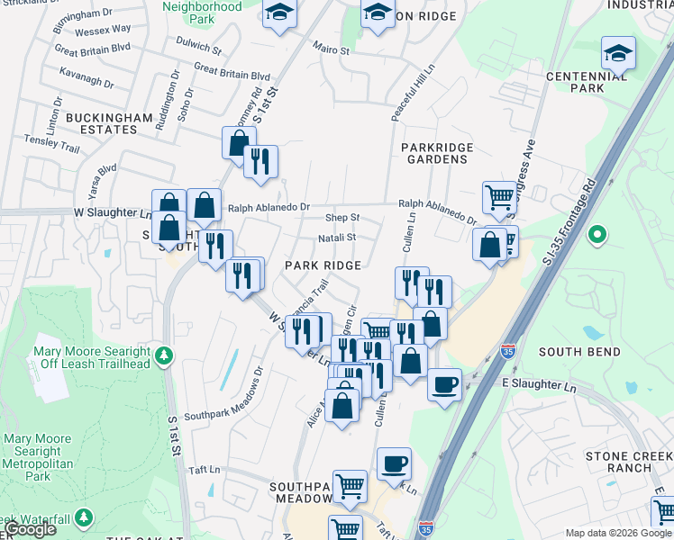 map of restaurants, bars, coffee shops, grocery stores, and more near 8912 Francia Trail in Austin
