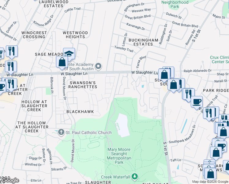 map of restaurants, bars, coffee shops, grocery stores, and more near 9501 Tanager Way in Austin