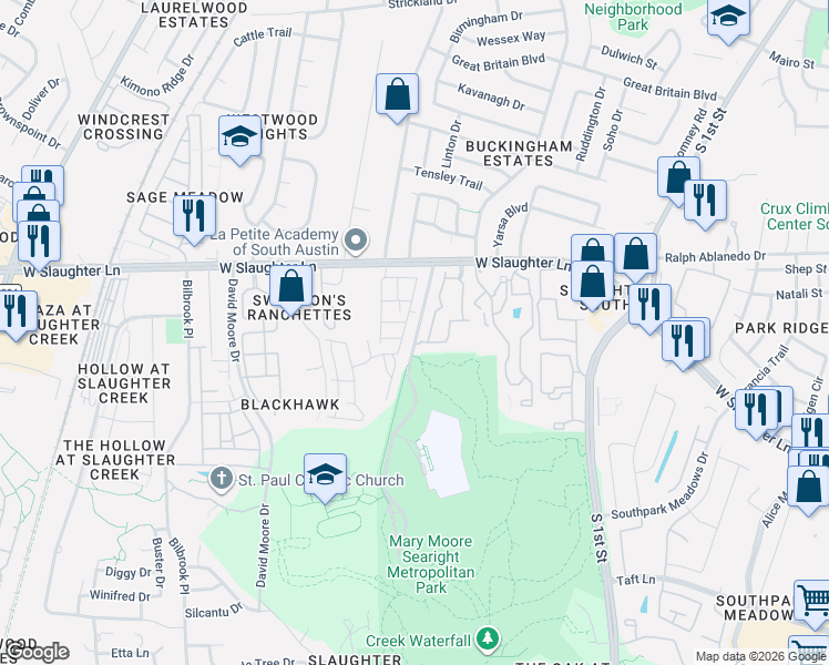 map of restaurants, bars, coffee shops, grocery stores, and more near 9501 Tanager Way in Austin