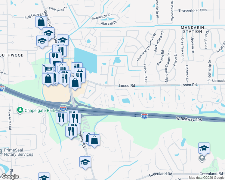 map of restaurants, bars, coffee shops, grocery stores, and more near 11146 Wandering Oaks Drive in Jacksonville