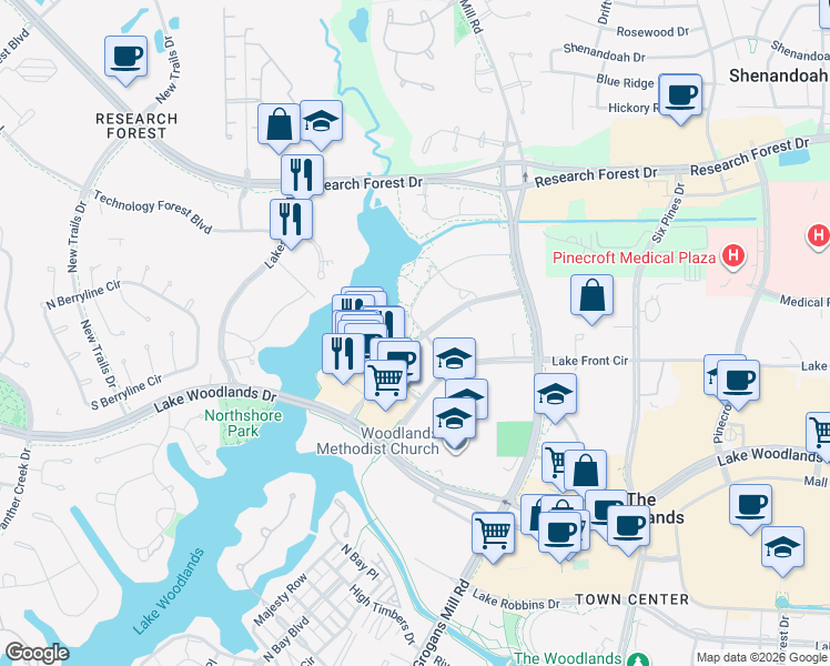 map of restaurants, bars, coffee shops, grocery stores, and more near 1801 Hughes Landing Boulevard in The Woodlands