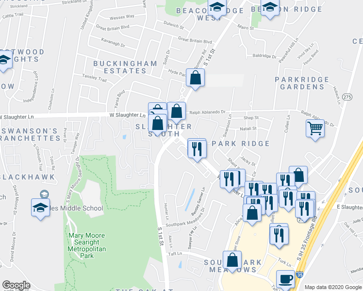 map of restaurants, bars, coffee shops, grocery stores, and more near 515 West Slaughter Lane in Austin