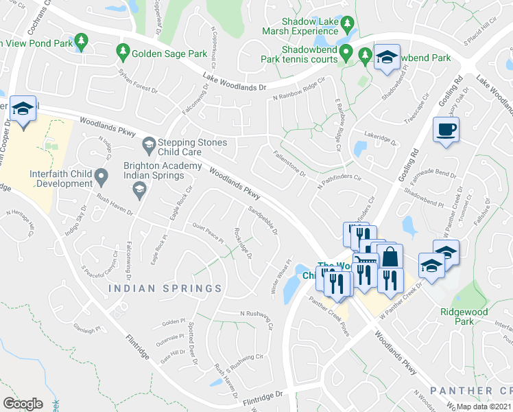 map of restaurants, bars, coffee shops, grocery stores, and more near 131 Sandpebble Drive in Spring