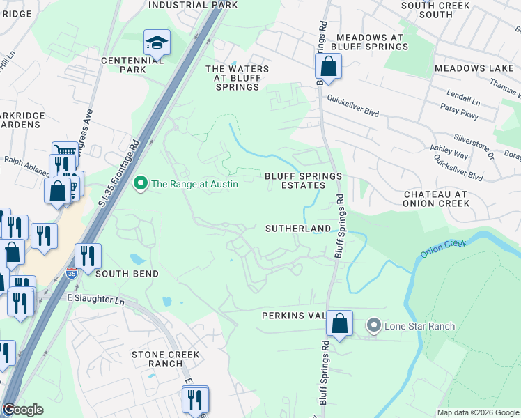 map of restaurants, bars, coffee shops, grocery stores, and more near 8017 South Interstate 35 Frontage Road in Austin