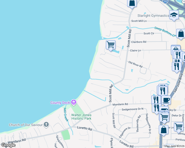 map of restaurants, bars, coffee shops, grocery stores, and more near 11955 Little Creek Lane in Jacksonville