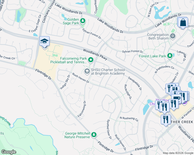map of restaurants, bars, coffee shops, grocery stores, and more near 11 White Fawn Drive in Spring