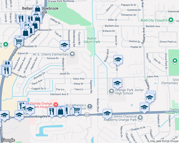 map of restaurants, bars, coffee shops, grocery stores, and more near 438 Gano Court in Orange Park