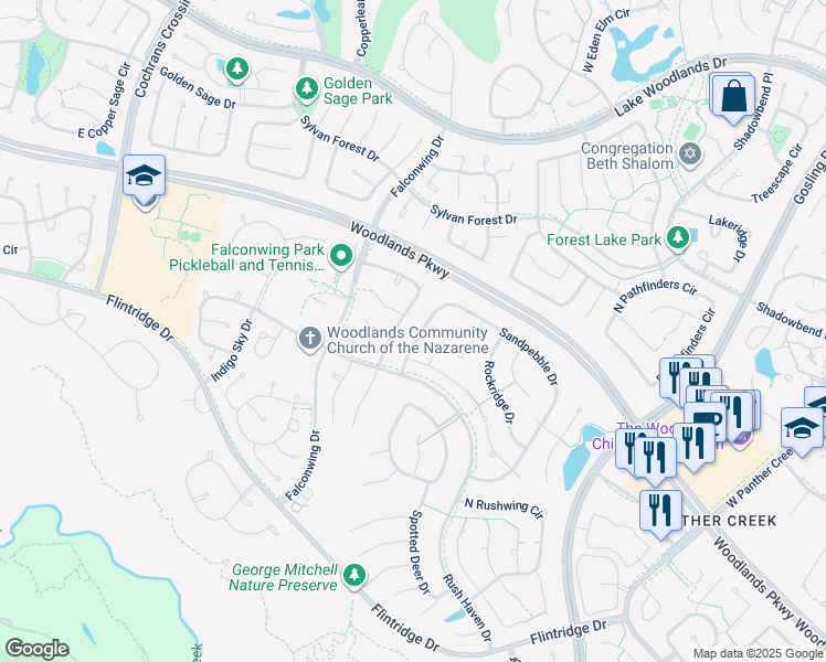 map of restaurants, bars, coffee shops, grocery stores, and more near 31 Sandpebble Drive in The Woodlands