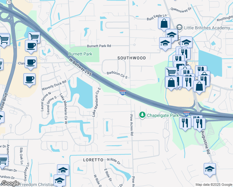 map of restaurants, bars, coffee shops, grocery stores, and more near 3692 Carol Ann Lane in Jacksonville