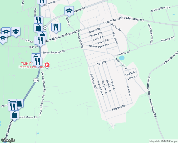 map of restaurants, bars, coffee shops, grocery stores, and more near 100 Tafflinger Road in Crawfordville