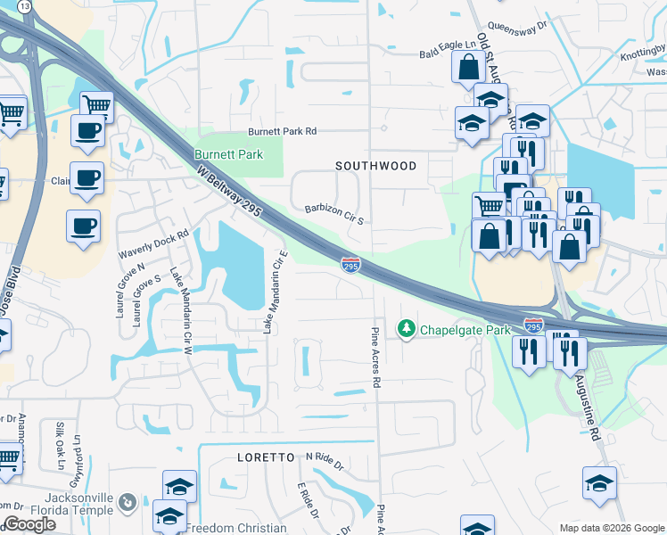 map of restaurants, bars, coffee shops, grocery stores, and more near 3692 Carol Ann Lane in Jacksonville