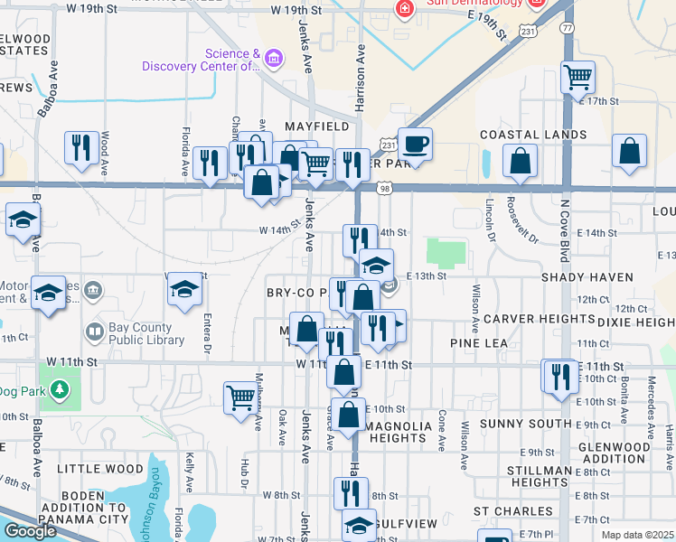 map of restaurants, bars, coffee shops, grocery stores, and more near 1219 Harrison Avenue in Panama City