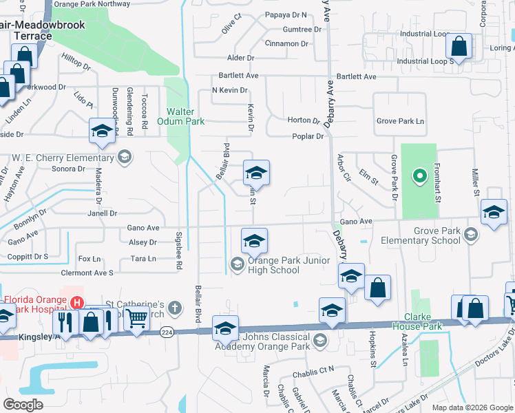 map of restaurants, bars, coffee shops, grocery stores, and more near 1443 Dolphin Street in Orange Park