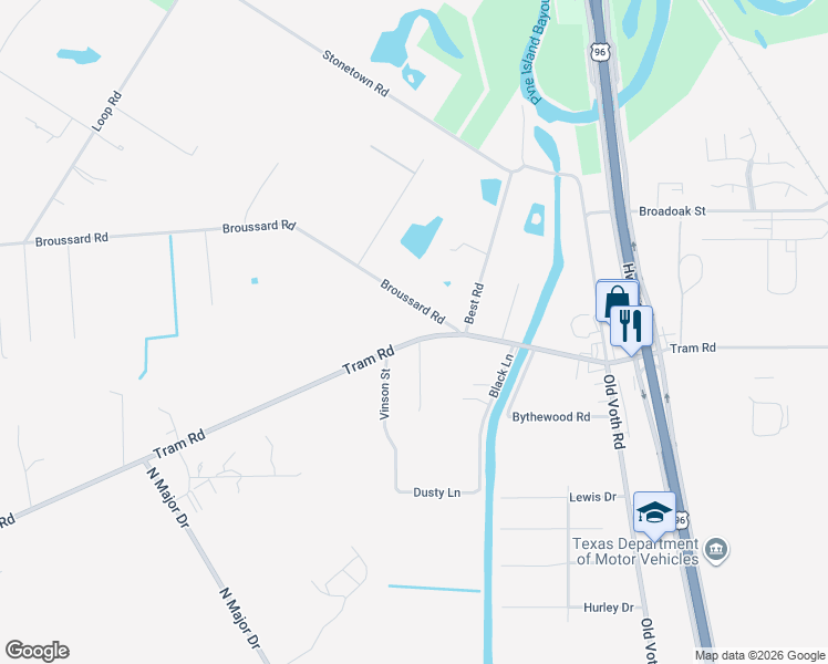 map of restaurants, bars, coffee shops, grocery stores, and more near 7515 Broussard Road in Beaumont