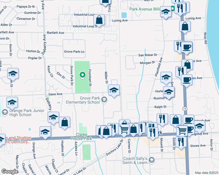 map of restaurants, bars, coffee shops, grocery stores, and more near 1402 Floyd Circle West in Orange Park