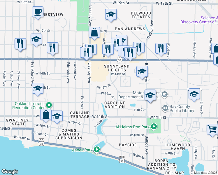 map of restaurants, bars, coffee shops, grocery stores, and more near 1205 West 13th Street in Panama City