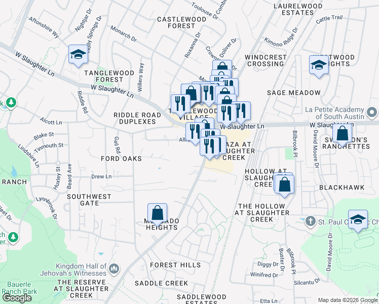 map of restaurants, bars, coffee shops, grocery stores, and more near 2011 Allred Drive in Austin