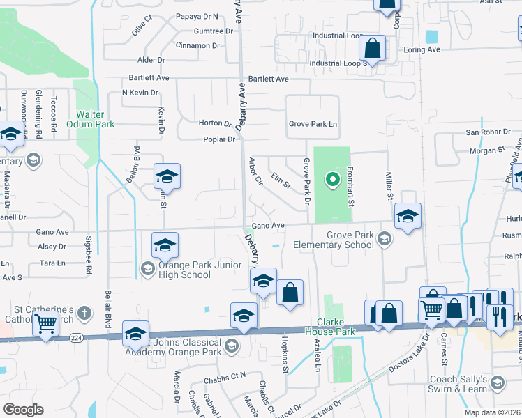 map of restaurants, bars, coffee shops, grocery stores, and more near 1168 Arbor Circle in Orange Park