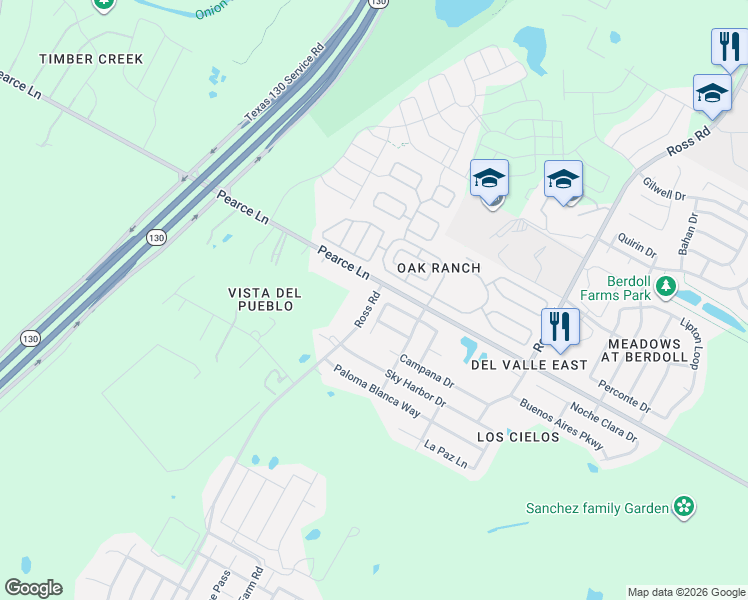 map of restaurants, bars, coffee shops, grocery stores, and more near 5604 Ross Road in Del Valle